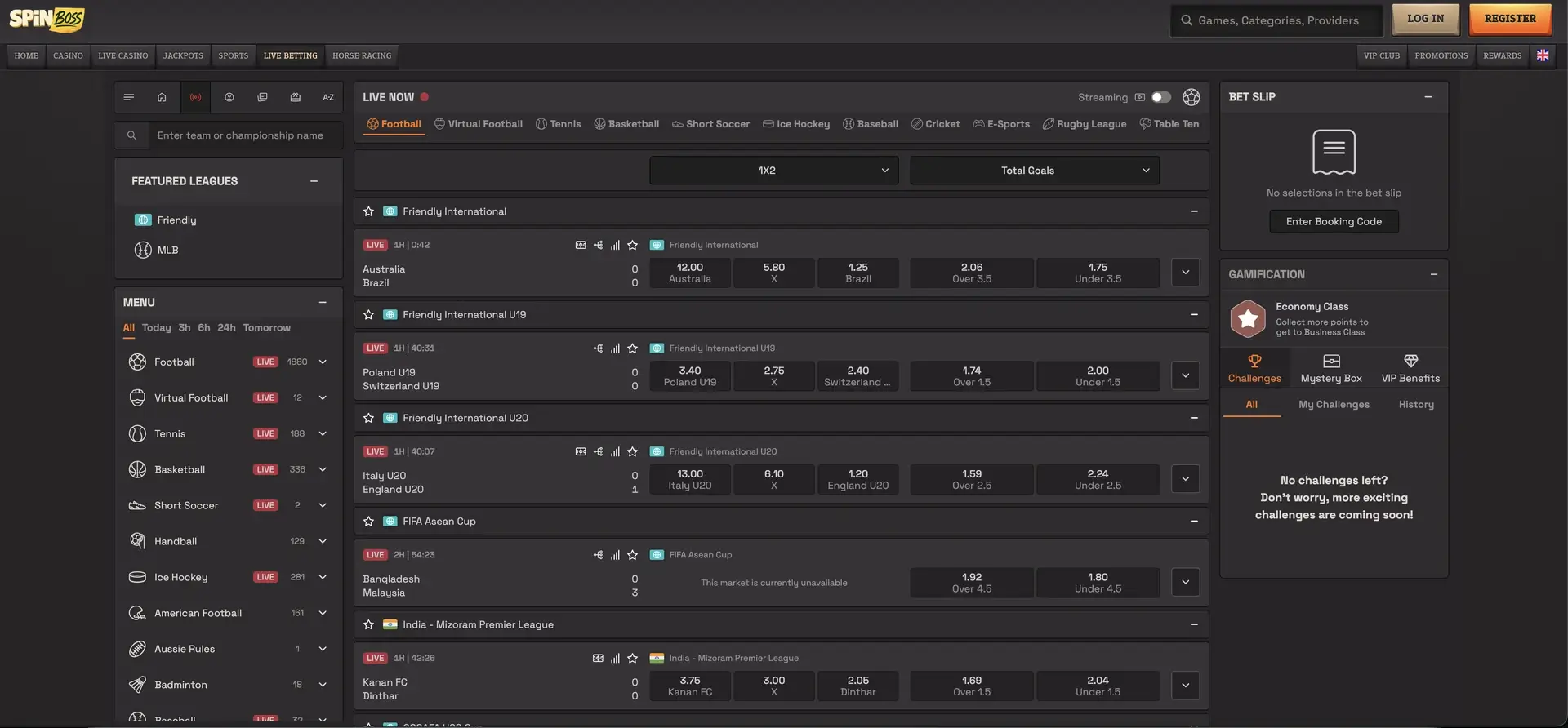 Spinboss live betting section with live odds and streaming toggle