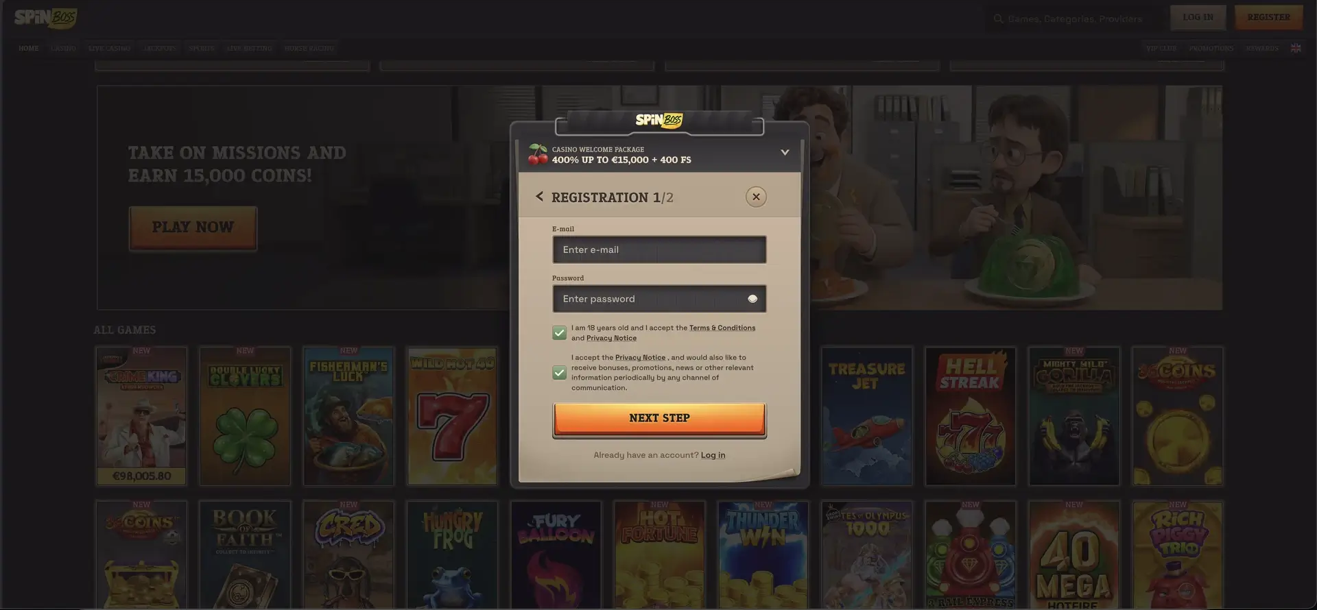 Spinboss registration form with email, password and consent checkboxes